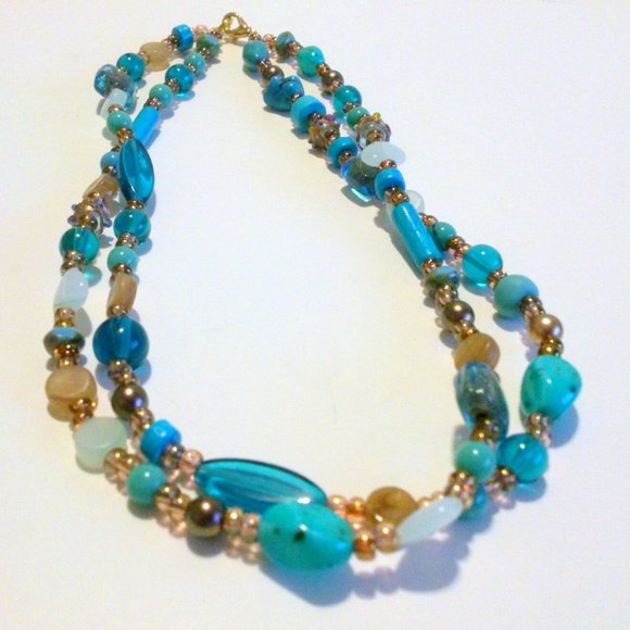 Shades of Blue and Gold Multi Strand Glass Bead Necklace * - Picture 3 of 3